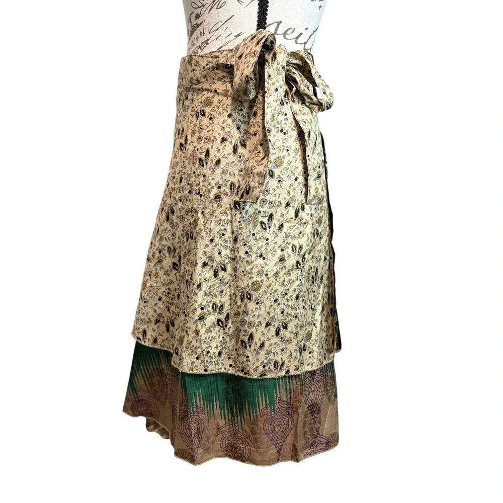 Reversible Silk Wrap Skirt Boho Floral Paisley Multicolor OS 21